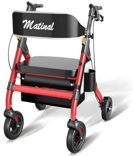Matinal Déambulateur d'extérieur avec siège pour personnes âgées, déambulateur pliable avec pneus en caoutchouc plein pour tous les terrains, grandes roues de 20,3 cm, déambulateur en aluminium