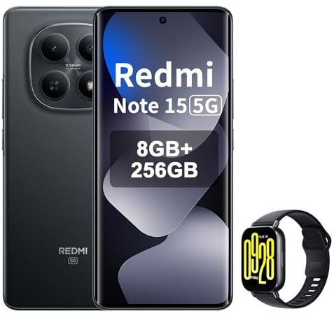 XIAOMI REDMI Note 15 5G - Smartphone mit 8+256 GB, AMOLED FHD+-Display von 6,77, Snapdragon 6 Gen 3, 108 MP Kamera, 5520 mAh Akku, Schwarz, inklusive Smart Watch
