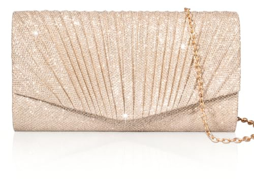 Larcenciel Pochettes et Clutches Femme Champagne, Pochette Soirée Plissées en Éventail avec Chaîne, Pochette Enveloppe à Paillettes Brillant, Sac Bandoulière pour Mariage Fête Cocktails Bal, 22x11x5cm