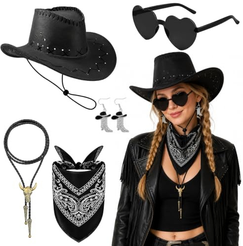 Cowboyhut Damen Schwarz Western Kostüm 5-teilig, Halloween Kostüm Damen | Cowboyhut Damen, Western Outfit, Cowboy Kostüm Damen, Cowboy Kostüm Herren, Hut, Accessoires