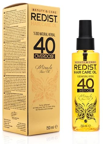 Redist Hair Care Oil 40 Overdose Professioanl Effective Hair Treatment 150ml | Pflanzliches Haarpflege Öl | gegen Haarausfall | Naturkosmetik | Haarkur Frauen mit 40 verschiedenen Kräutern | Haaröl
