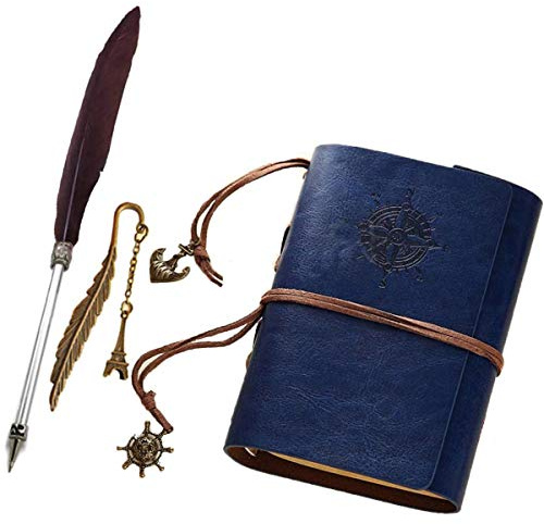 Xemz Refillable PU Leather Journal Notebook with Special Feather Ballpoint Pen and Bookmark, Unlined Paper Travel Diary Jotter, Handmade Leather Notepad, Vintage Art Sketchbook, Punk Cover (blue)
