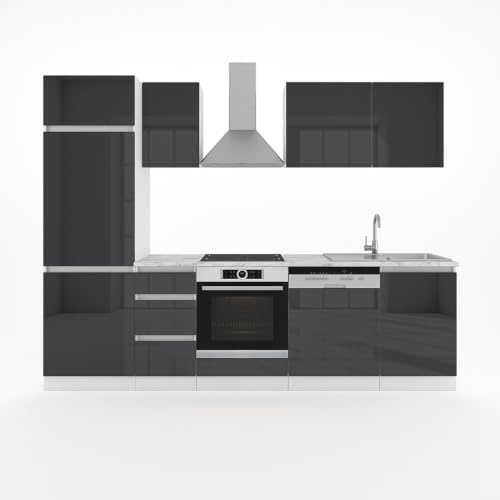 Vicco Küchenzeile Optima, Anthrazit Hochglanz/Weiß, 270 cm | ohne Arbeitsplatte, grifflos, zur individuellen Erweiterung und flexiblen Anordnung der Module