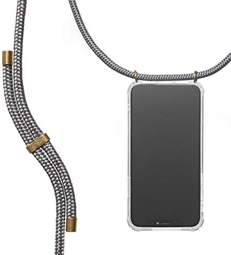 KNOK Premium Handykette für Apple iPhone 11 Pro, Grau, transparent | Silikonhülle mit fest verbundener Kordel zum Umhängen, stoßfest, ideal für Festival, Konzert oder Alltag, robust