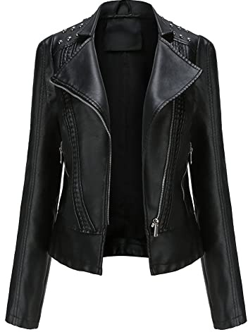 Chiodo Giacca in Pelle da Donna Giacca di Pelle con Borchie Giubbotto Biker in Ecopelle Giacca Motociclista con Cerniera Primavera Autunno Giubbino Corto in Finta Pelle con zip Giubbotto Similpelle