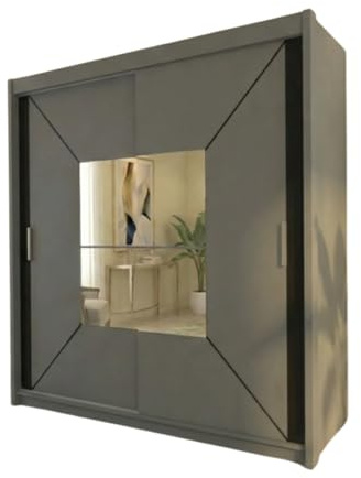 INTERWOOD Sliding Door Wardrobe with Sleek Matt Finish – Modern 2 Door Mirrored Wardrobe with Hanging Rail, Adjustable Shelves & Chrome Handles for Bedroom Furniture 203cm(grey)