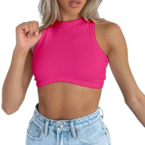 Dwnval Canotta Sexy Senza Maniche Girocollo a Costine Crop Top Lavorato a Maglia per Le Donne, Fucsia, XS