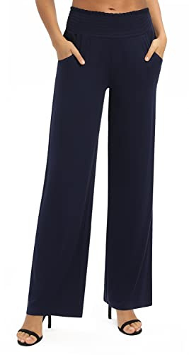 EXCHIC Damen Leichtgewicht Elastisch Hohe Taille Hose Casual Weite Bein Dehnbar Lounge Hosen mit Taschen (XL, Navy Blau)