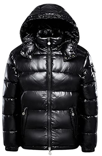 FUUBAMB00 Winter Thicken Down Jackets For Men and Women Short Shiny White Duck Down Jacket Hooded Puffer Coat,Black,L(165cm50kg)