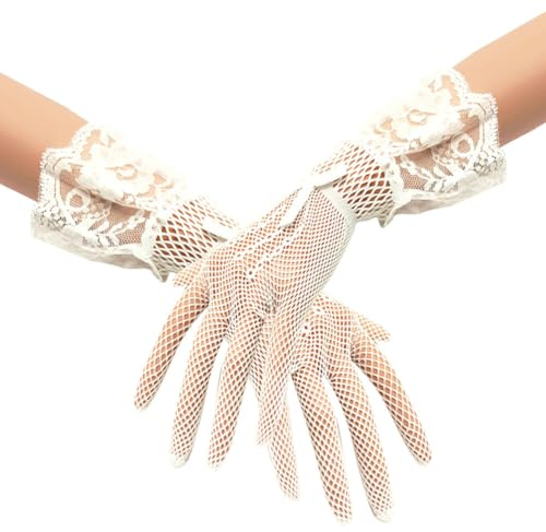 Uposao Damen Spitze Handschuhe, Elegante Blumen Kurze Netzhandschuhe Sommer UV Schutz Braut Hochzeit Opera Fest Party Halloween Handschuhe 1920s Damen Kostüm Zubehör, Beige