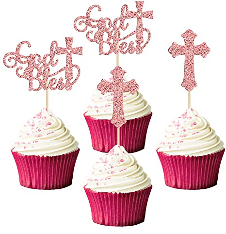 Gyufise 24 Stück Gott Segen und Taufe Cupcake Topper Glitzer Kreuz Cupcake Picks Erstkommunion Christliche Taufe Motto Party Kuchen Dekorationen Zubehör Roségold