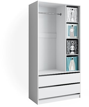 Vicco Kinderkleiderschrank Elmo, Weiß, 100 x 200 cm mit 2 Schubladen und Faltboxen, geeignet zur übersichtlichen Aufbewahrung von Kinderkleidung
