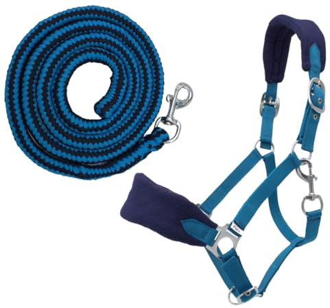 PFIFF Sunny 103103 Lot de 3 licols, tricotés et Franges à Mouches, Ajustables, Bleu Clair, Poney