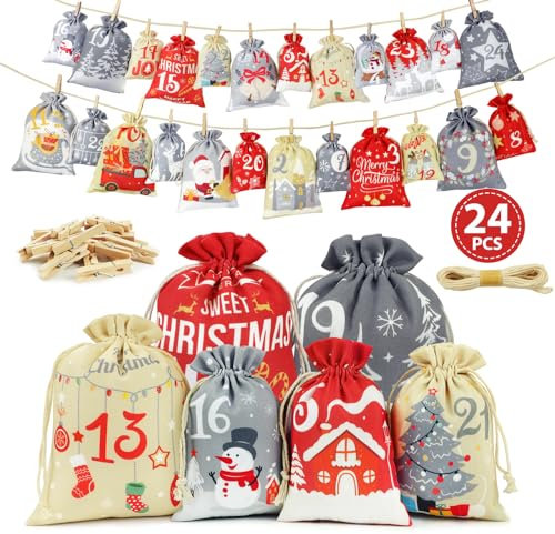 AFXXE Adventskalender zum Befüllen,24 Adventskalender Selber Befüllen Kinder Stoff,Groß Adventskalender Säckchen,2 Größen von Adventskalender Tüten,Leere Weihnachtskalender zum Selbst Befüllen
