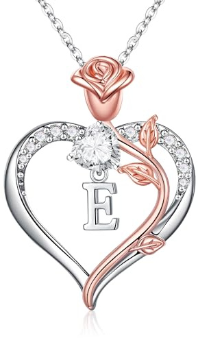 TINGN Rosen Herz Buchstaben Halskette Damen, 14K Weißgold Vergoldet Herz Kette mit Buchstaben Geschenke für Mutter Frauen Freundin Mädchen, Geschenke für Geburtstag Hochzeit Weihnachten Valentinstag