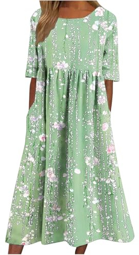 Women's Short Sleeve Maxi Summer Dresses Round Neck Pullover Dress Elegant Floral Printed Long Dress with Pocket Loose Flowy Hem Boho Dresses Beach Daily Wear