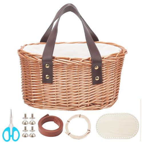 WEBEEDY DIY Rattan-Taschen-Set Gewebtes Stroh-Handtaschen-Herstellungsset Sommer-Strand-Tasche Ledergriff Boho-Stil Korb-Clutch-Geldbörse Erwachsene Bastelset Handgefertigtes Geschenk