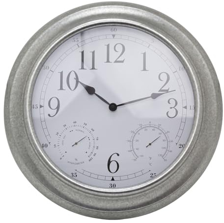 Carousel Home Galvanized Metal Wall Clock Temperature Humidity Weather Station | Hygrometer Thermometer Wall Mounted Clock | Silver Metal Clock- 46cm
