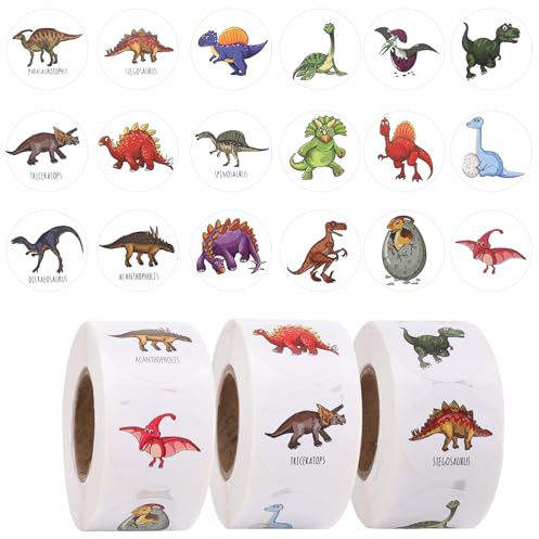 Pack of 1500 Dinosaur Stickers, Round Cartoon Dino Stickers, Children's Animal Vinyl Stickers for Teacher Prize Motivation Sticker Laptop Boy Girl