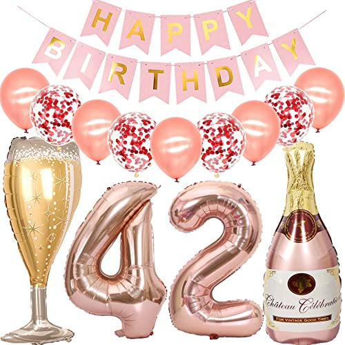 Feelairy Luftballon 42. Geburtstag Deko Frau, Rosegold Folienballon Weinflasche Sektflasche Helium Ballon Champagner Flasche, Girlande Happy Birthday Deko für Geburtstagsdeko 42 Jahre Frauen