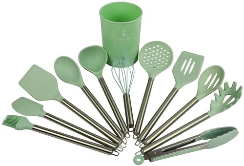 12pc Non Stick Silicone Cooking Baking Utensils Set with Holder (Green)