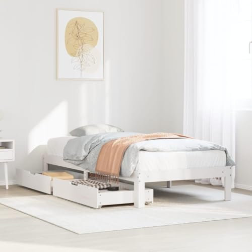 Homgoday Massivholzbett mit Schubladen Holzbett Bettrahmen Stauraumbett Schubladenbett Doppelbett Einzelbett Bettgestell mit Kopfteil für Schlafzimmer Weiß 90x200 cm Kiefer