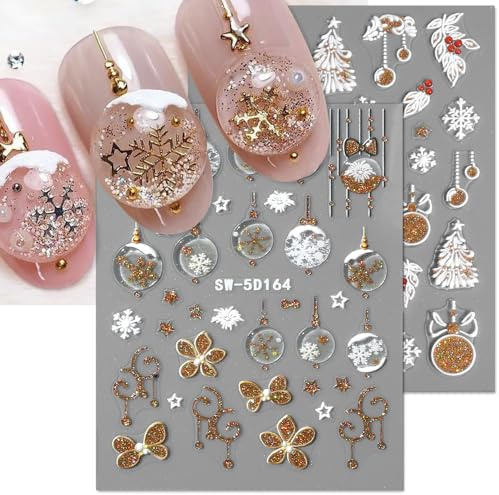 5D Geprägte Kristallkugel Nagelsticker Weihnachten Nagelfolie Selbstklebend Nail Art Weihnachtssticker Glitzer Gold Nagel Stickers Weihnachtsbaum Schneekugel Nagelaufkleber Christmas Nail Sticker,2pcs