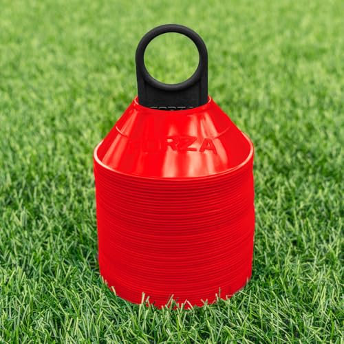 FORZA Mini Plots de Marquage pour Entraînement de Sport [Pack de 50/1000] | Cônes Durables et Polyvalents pour Le Football, Le Rugby et Plus | Support de Transport (Pack de 50, Rouge)