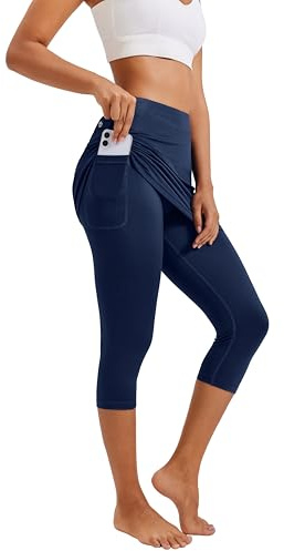 PINSPARK Rock mit Leggings Damen Hohe Taille Tennisrock 2-In 1 Schnelltrocknend Sportrock Winter Hockey Laufen Skates Röcke Golf Yoga Hosenrock Navyblau M
