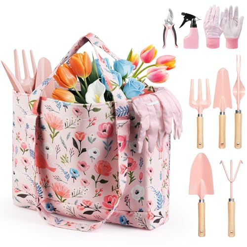 Grenebo Gardening Tools, 10-Piece Gardening Gift Set for Women, Rust-Proof & Heavy-Duty Tools with Floral Organizer Bag, Fashionable & Thoughtful Gift for Garden Women (Pink Red)
