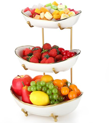 Honeydak 3 Tier Ceramic Fruit Bowl for Kitchen Counter Tiered Fruit Stands for Kitchen Counter Ceramic Serving Display Bowls with Metal Stand for Dessert Snack Vegetable Storage, Party, Cute & Small