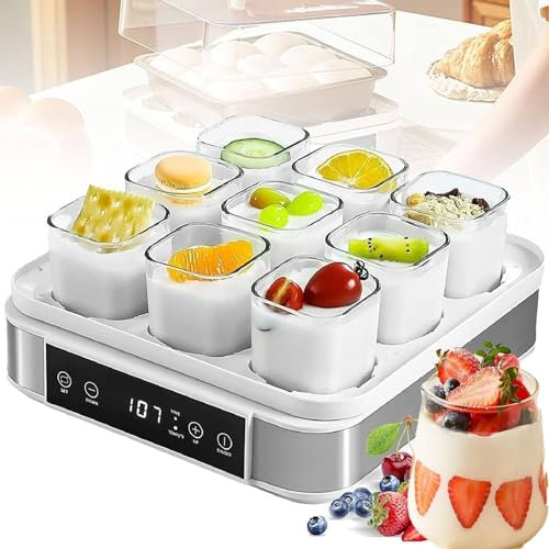 YLANMEI Macchina per Yogurt probiotico Automatica con Controllo della Temperatura e del Tempo Regolabili, Macchina 9 barattoli di Vetro Greco Fatto in casa, Vegano o aromatizzato