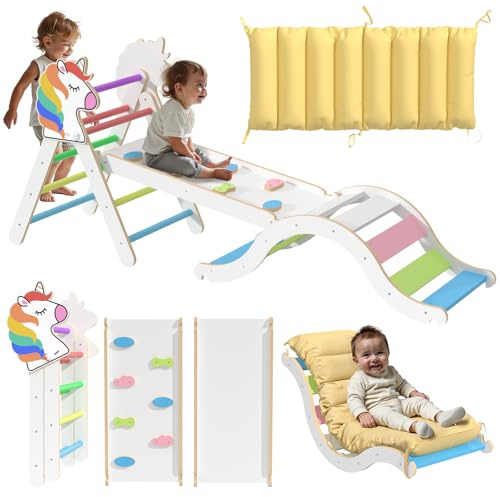 7 in 1 Pikler Triangle Set with Mat, Baby Climbing Frame, Montessori Climbing Set for Toddlers Age 1-3, Foldable Wooden Indoor Playground for Kids, Arch Ramp Ladder