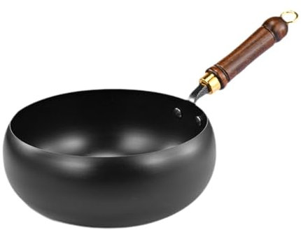 TAIZhiChen Wok Cinese da 28 Cm, Pentolame Non Rivestito, Manico in Legno, Padella a Fondo Piatto per Campeggio, Ristorante, Casa, Senza Coperchio