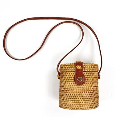 Ymnilian Korbtasche, Strohtaschen Damen Pure handgefertigter Rebchip Kleiner Zylinder Kleine Wasser-Eimer-Tasche Kleine runde Tasche klein frisch(13 * 15.5cm)