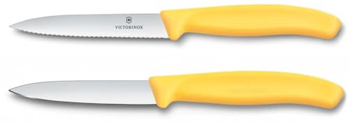 Victorinox Swiss Classic, Set de couteaux à tomates et à légumes, 2 pièces, Lame extra tranchante, Manche plastique, Acier inoxydable, Swiss Made, Jaune