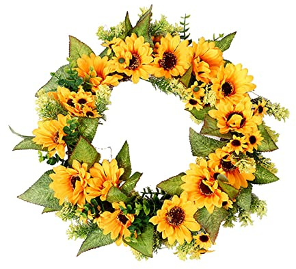 MagiDeal Künstlicher Sonnenblumenkranz mit grünen Blättern, Sommer-Fälschungsblumenkranz für Hochzeitsdekoration