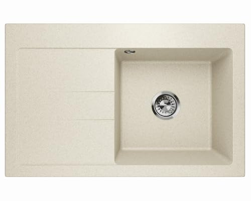 Fregadero de granito color arena - Fregadero de cocina profundo 77,5 x 49,5 cm - 1 cubeta con escurridor, fácil de limpiar, resistente a los arañazos, reversible, con juego de drenaje y drenaje de