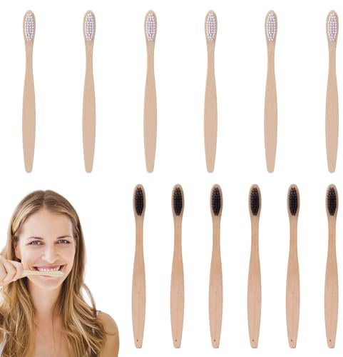 Set di 12 Spazzolini da Denti in Bambù, Spazzolini Biodegradabili con Setole Morbide e Ergonomiche, Ideali per un’Igiene Orale Sostenibile e Rispettosa dell’Ambiente-spazzolino naturale per denti