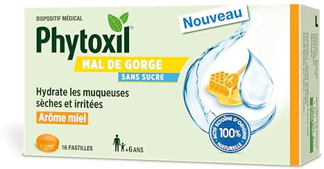 Phytoxil Pastilles Mal de Gorge Sans Sucre - Arôme Miel - Dispositif Médical - Hydrate les Muqueuses Sèches et Irritées et Favorise leur Régénération - 16 Pastilles - A partir de 6 Ans