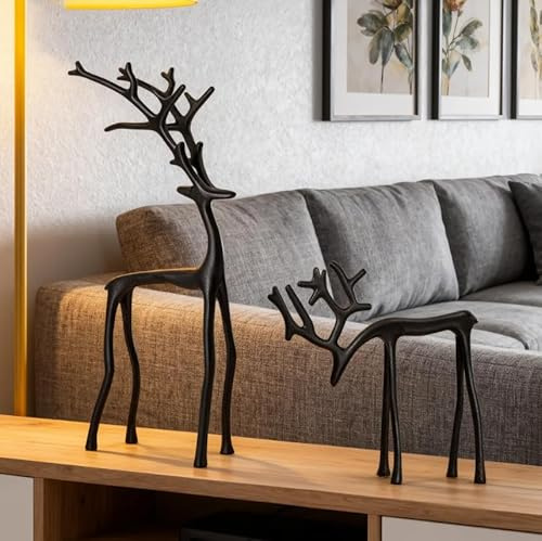 Reindeer Statues,Imitation Metal Reindeers Sculpture,Black Reindeer Ornaments,Black Finish European-Style Modern Decorative,Christmas Reindeer Ornaments for Mantel Fireplace Bedroom Home Decor
