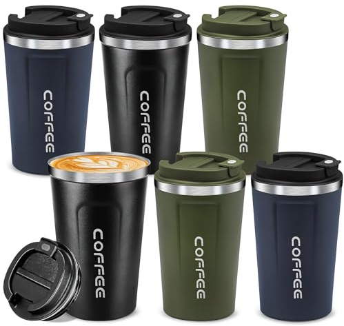 6 Stück Edelstahl Thermobecher 380 ml–Isolierter Kaffeebecher To Go für Heiß- und Kaltgetränke, Wiederverwendbare Trinkbecher mit Auslaufsicherem Deckel für Auto, Büro, Camping & Fitness (3 Farben)
