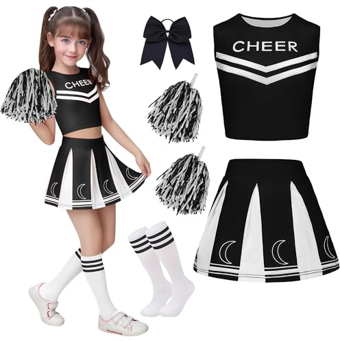 XFOZDM Deguisement Pompom Girl Enfant Deguisement Cheerleader Fille avec Bandeau Pompons et Chaussettes Costume Pom Pom Girl Fille Tenue de Pompom Uniforme pour Carnaval Halloween Fête Noir 130