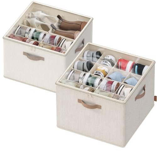 SONGMICS Schuh-Organizer, je für bis zu 16 Paar Schuhe, Schuhaufbewahrung platzsparend, verstellbare Trennwände, stapelbar, Deckel transparent, Kleiderschrank, 2er Set, cappuccinobeige LSP622LH01