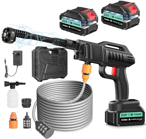 Teodute 21V Idropulitrice a Batteria, 80Bar 360L/H, 6 in 1 Regolabile Ugello Portatile Idropulitrice Professionale, con 5M Tubo e 2 Batterie, per Auto Patio Giardino Pulizia Pavimenti e Lrrigazione