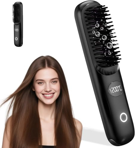 Brosse Lissante Sans Fil, Brosse Chauffante Lissante Portable 200 Millions D'ions Négatifs Anti-BrûLure avec 3 Températures Réglables, Mini Lisseur Rechargeable pour Maison, Voyage