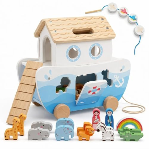 Thirrni Arche Noah Holzspielzeug ab 18 Monaten, Montessori Spielzeug Tierpaaren Sortier Stapel, Taufgeschenk für Mädchen und Jungen, Geschenk Taufe