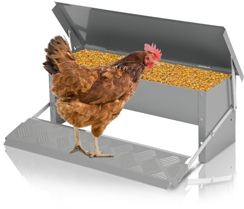 Monucep Hühner Futterautomat 5kg aus verzinktem Stahl – rutschfestes Pedal für Hühnerstall, Garten & Freiland, stehender Futtertrog, rattensicher & wasserfest