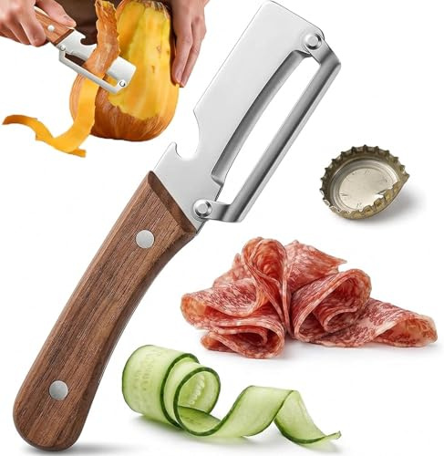 Pelapatate Multifunzionale per Cucina, Pelapatate Di Alta Qualità Con Manico in Legno E Apribottiglie, Utensile Da Cucina Con Lama in Acciaio Inossidabile per Frutta e Verdura (A-1pcs)