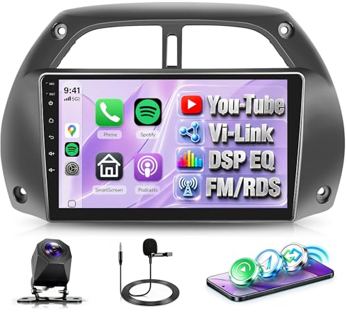 Rimoody Autoradio per Toyota RAV4 2001-2006 Wireless Carplay Android Auto You-Tube Vi-Link Bluetooth FM/RDS DSP EQ, 9 Pollici Touchscreen Radio 2 Din avec Mirror Link USB SWC Telecamera Posteriore